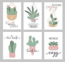 Vector set of cozy cute posters with cactus and succulent isolated on a white background. Inspiration quotes. Home gardening. House plants. Botany decoration.