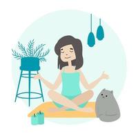 Girl doing morning yoga at home. Girl sitting in calm lotus pose. Wellness healthcare. Lifestyle. Daily Routine Activities. Vector flat. Life with cat