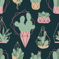 Vector seamless pattern with cozy cute  cactus and succulent and glitter geometric frames. Home gardening. House plants. Botany decoration. Floral design in cartoon flat style. Botanical pattern.