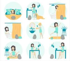 Morning routine of a girl set.  Sleeping, washing, body care, fitness, yoga, coffee, breacfast. Daily Routine Activities. Life with cat.Vector flat vector
