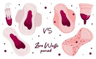 Zero waste Menstruation Period vs usual tampons and pads.  Menstrual cup and reusable pad. Vector illustration. Reusable eco friendly concept.