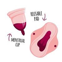 Zero waste Menstruation Period  Menstrual cup and reusable padVector illustration. Reusable eco friendly concept. vector