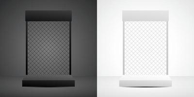 negro y blanco monitor estar estante con cadena enlace 3d ilustración vector para poniendo ropa deportiva y ropa de calle producto o otro objeto