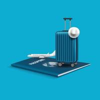 equipaje y aviones metido en el pasaporte para haciendo publicidad medios de comunicación acerca de turismo y vector
