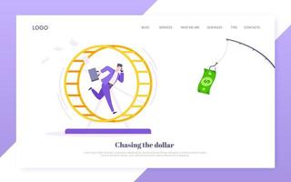 Rat race business concept with businessman running after rod dangling dollar. vector