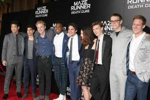 LOS ANGELES JAN 18 - Ki Hong Lee, Alex Flores, Joe Adler, Dexter Darden, Dylan O Brien, Kaya Scodelario, Thomas Sangster, Will Poulter, Chris Sheffield at the Maze Runner - The Death Cure Fan Screening at AMC 15 on January 18, 2018 in Century City, CA photo