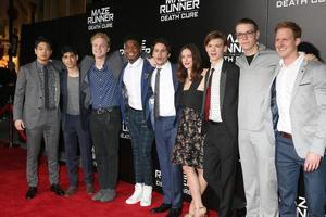 LOS ANGELES JAN 18 - Ki Hong Lee, Alex Flores, Joe Adler, Dexter Darden, Dylan O Brien, Kaya Scodelario, Thomas Sangster, Will Poulter, Chris Sheffield at the Maze Runner - The Death Cure Fan Screening at AMC 15 on January 18, 2018 in Century City, CA photo