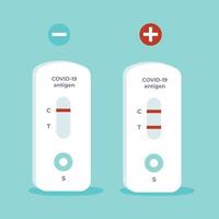 Set of two Rapid antigen test kits ATK for covid-19 - negative and positive on blue background. Flat vector infographics illustration.