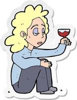 sticker of a cartoon unhappy woman with glass of wine vector