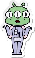 sticker of a cartoon three eyed alien shrugging vector