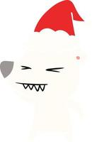 angry polar bear flat color illustration of a wearing santa hat vector