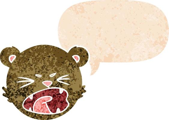 cute cartoon teddy bear face and speech bubble in retro textured style