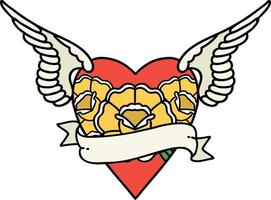 traditional tattoo of a heart with wings flowers and banner vector