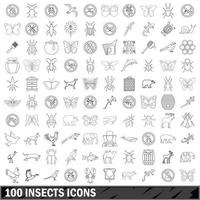 100 insects icons set, outline style vector