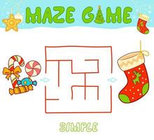 Christmas Maze puzzle game for children. Simple Maze or labyrinth game with Christmas Sock. vector