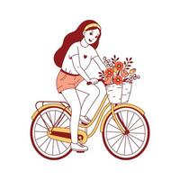 contento rojo niña es montando un bicicleta con flor, vector ilustración