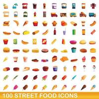 100 street food icons set, cartoon style vector