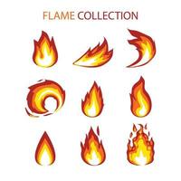 Fire flames, bright fireball, heat wildfire and red hot bonfire, campfire, red fiery flames isolated vector illustration set. Animated form and square, fireball and flame, flame labels collection