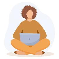 Woman with a laptop working, student or freelancer concept vector