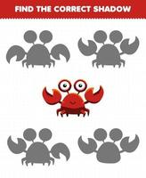 Education game for children find the correct shadow set of cute crab vector