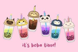 Postcard with kawaii bubble tea on a pink background. Vector graphics.