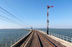 The traffic signal pole in the stop position of the railway signalling system on the curved concrete bridge. photo