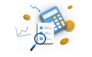 3D Illustration of financial and payment concept with calculator, money, coin and credit card. png