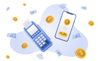financiero y pago concepto con teléfono inteligente, dinero, moneda y crédito tarjeta. png