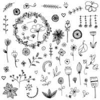 Set of elements flower doodle hand drawn sketch in black line on white isolated vector