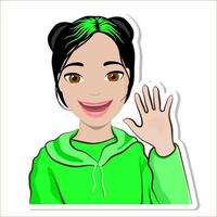 Hello, Cartoon friendly brunette woman wave hand, smiling girl waving her hand in greeting. vector