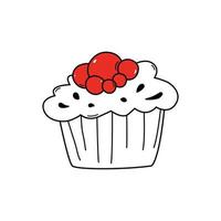 Hand drawn cute cake with red berries doodle style, vector illustration isolated on white background. Tasty dessert for holiday, black outline, decorative design element