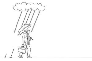 Single one line drawing businessman with briefcase and umbrella stand under rain cloud. Depression, passerby at rainy weather. Drenched man, water pour from sky. Continuous line graphic design vector