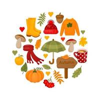 Cute autumn elements in round form. Vector illustration. Cartoon style.