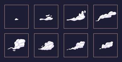 Explode effect animation with smoke. Exploding, blasting, bursting element from fume, gas, ash. Cartoon explosion animated shot, explode clouds frames. Movement puff effect vector