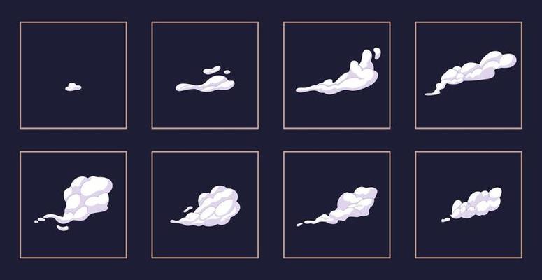 Explode effect animation with smoke. Exploding, blasting, bursting element from fume, gas, ash. Cartoon explosion animated shot, explode clouds frames. Movement puff effect