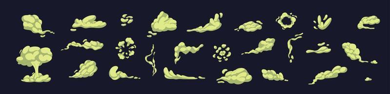 dibujos animados malo oler tóxico nubes malo oler tóxico nubes oliendo fumar. verde hedor aroma y apestoso fumar dibujos animados. aislado vector ilustración
