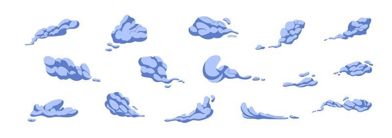 Steam cloud puffs of different shapes and sizes. Isolated abstract vapor silhouette flow, smoky elements of gas explosions, dust or vapor. Comic clouds, steaming smoke flows, steam explosion cloud.