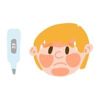 Man in fever with a high temperature in cartoon flat style. Boy with symptom of flu, cold, virus with red face and thermometer isolated on white background. vector