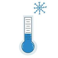 Vector illustration with thermometer and snowflake in hand drawn flat style. Cold weather icon, frosts, temperature drops.