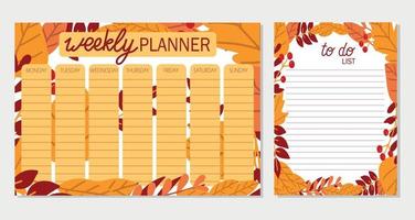 Weekly planner and to do list with autumn eaves,template page,doodle hand drawn vector illustration. Autumn and fall concept.