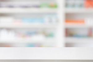 Pharmacy drugstore counter table with blur abstract backbround with medicine and healthcare product on shelves photo