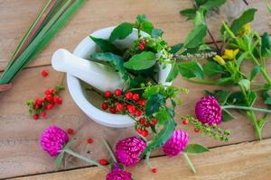 Fresh herbs in the mortar, alternative medicine photo