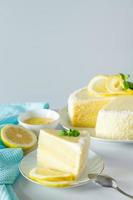 Lemon cake with coconut flakes. Piece of delicate vanilla dessert with cream. photo