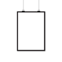 Realistic blank white paper hanging on clip. Mockup template. Vertical empty sheet with shadow. Transparent background. Illustration png