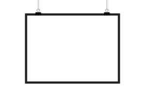 maquetas colgando en el pared. póster Bosquejo con blanco marco. realista vacío bandera. transparente antecedentes. ilustración png