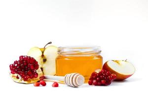 Rosh Hashanakh Jewish holiday. Apples, pomegranates and honey isolated on white background. Traditional Judaism photo