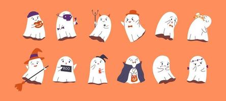 conjunto de linda infantil fantasmas gracioso escalofriante caracteres para niños. diferente helloween fantasmas en bruja, vampiro, gato, diablo disfraces aislado plano dibujos animados vector