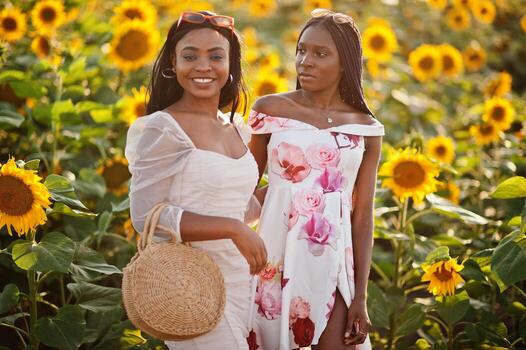 dos jóvenes amigas negras usan pose de vestido de verano en un campo de girasoles. foto