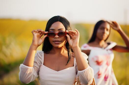 dos jóvenes amigas negras usan pose de vestido de verano en un campo de girasoles. foto
