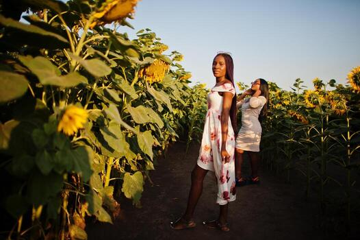 dos jóvenes amigas negras usan pose de vestido de verano en un campo de girasoles. foto